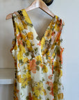 Vintage 70s Garden Soiree Autumn Floral V Neck Dress