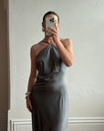 Vintage 90s Slinky Halter Bias Slip Gown Gunmetal
