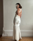 Vintage Y2K USA Made Mermaid Satin Fluted Dress Ivory