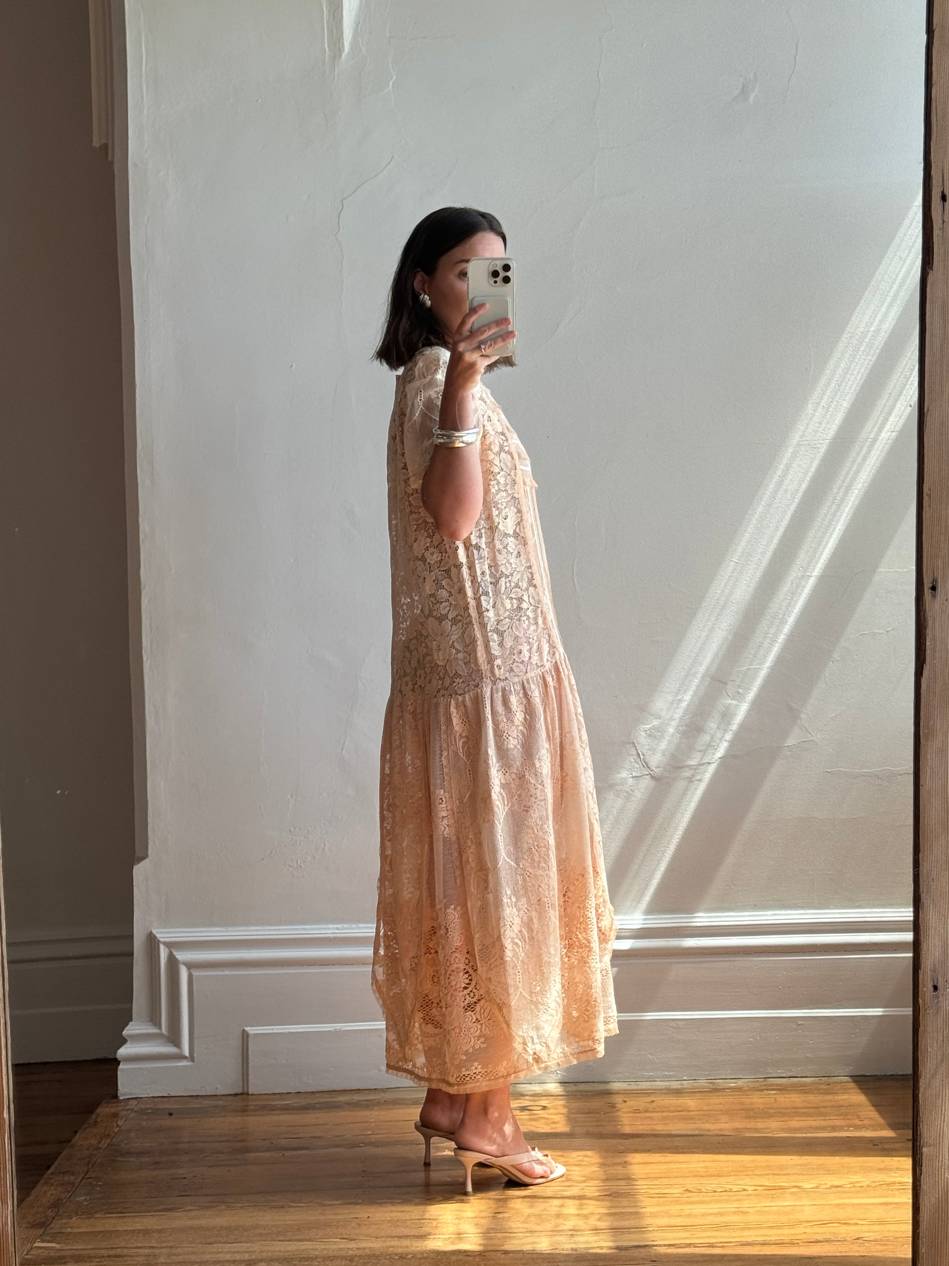 Vintage 70s Peach Cotton Lace Drop Waist Dress