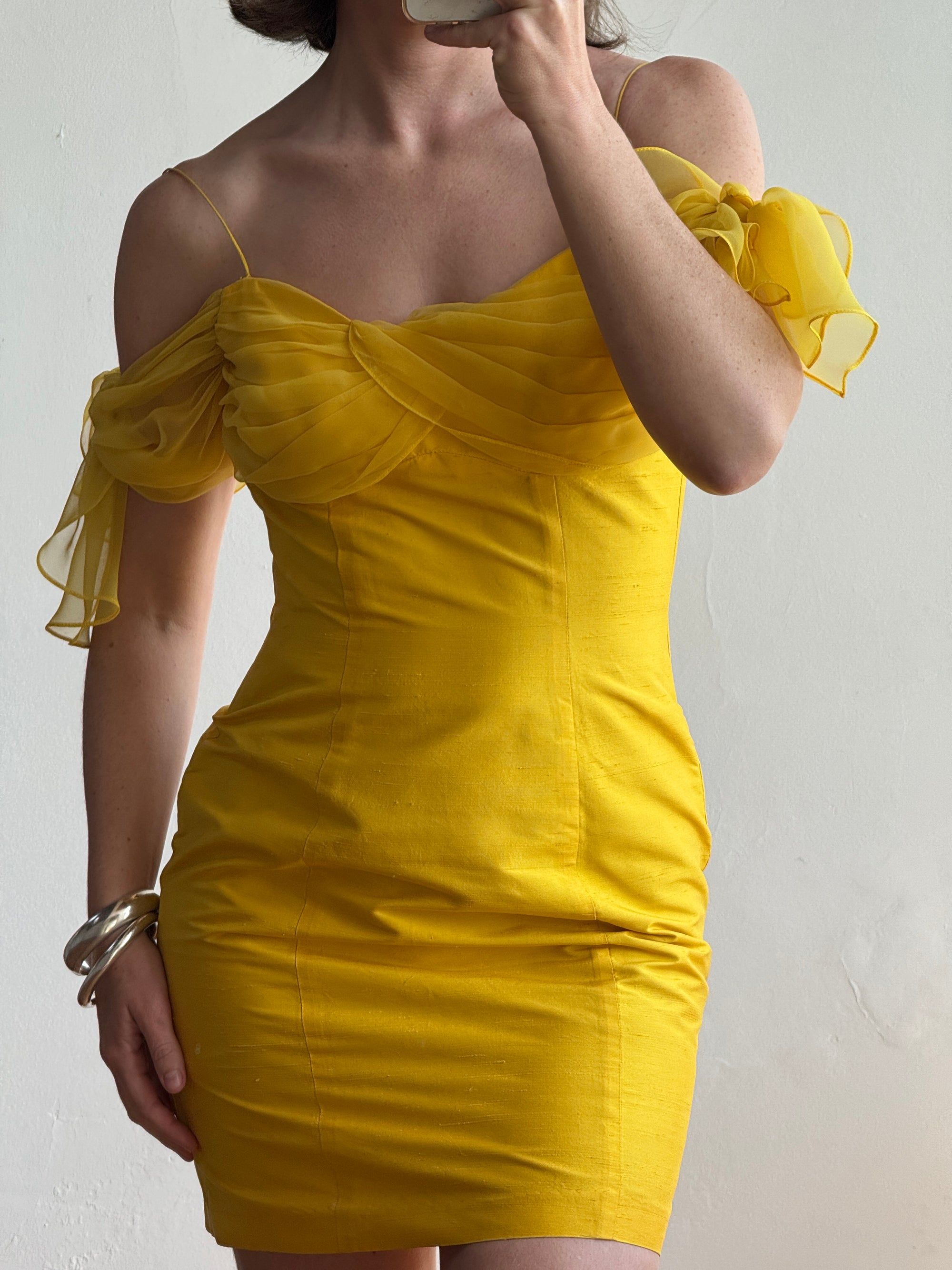 Vintage 90s Pure Silk Mini Dress Sunshine Yellow