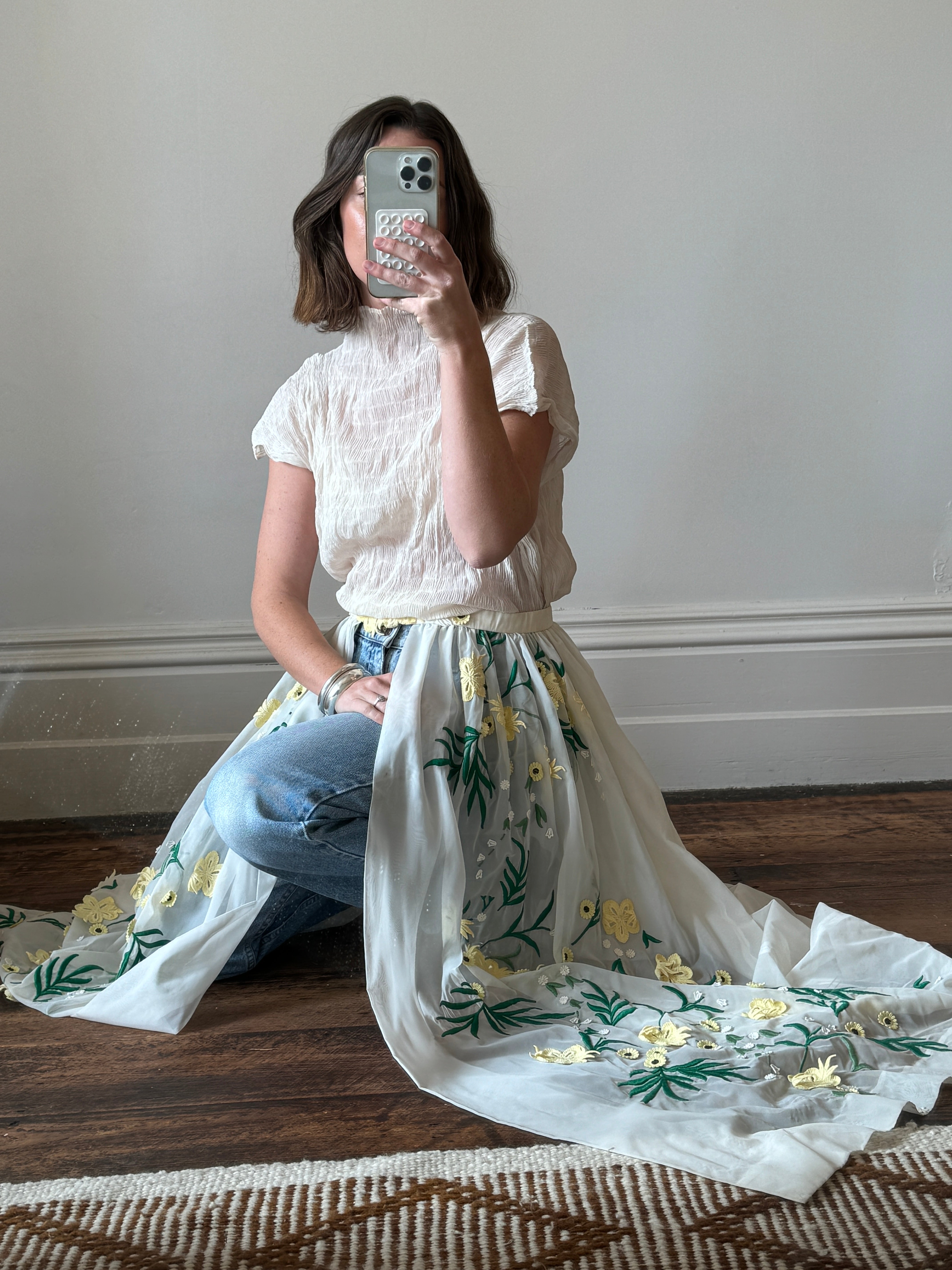 Vintage Rare Sheer Spring Floral Applique Belt Skirt
