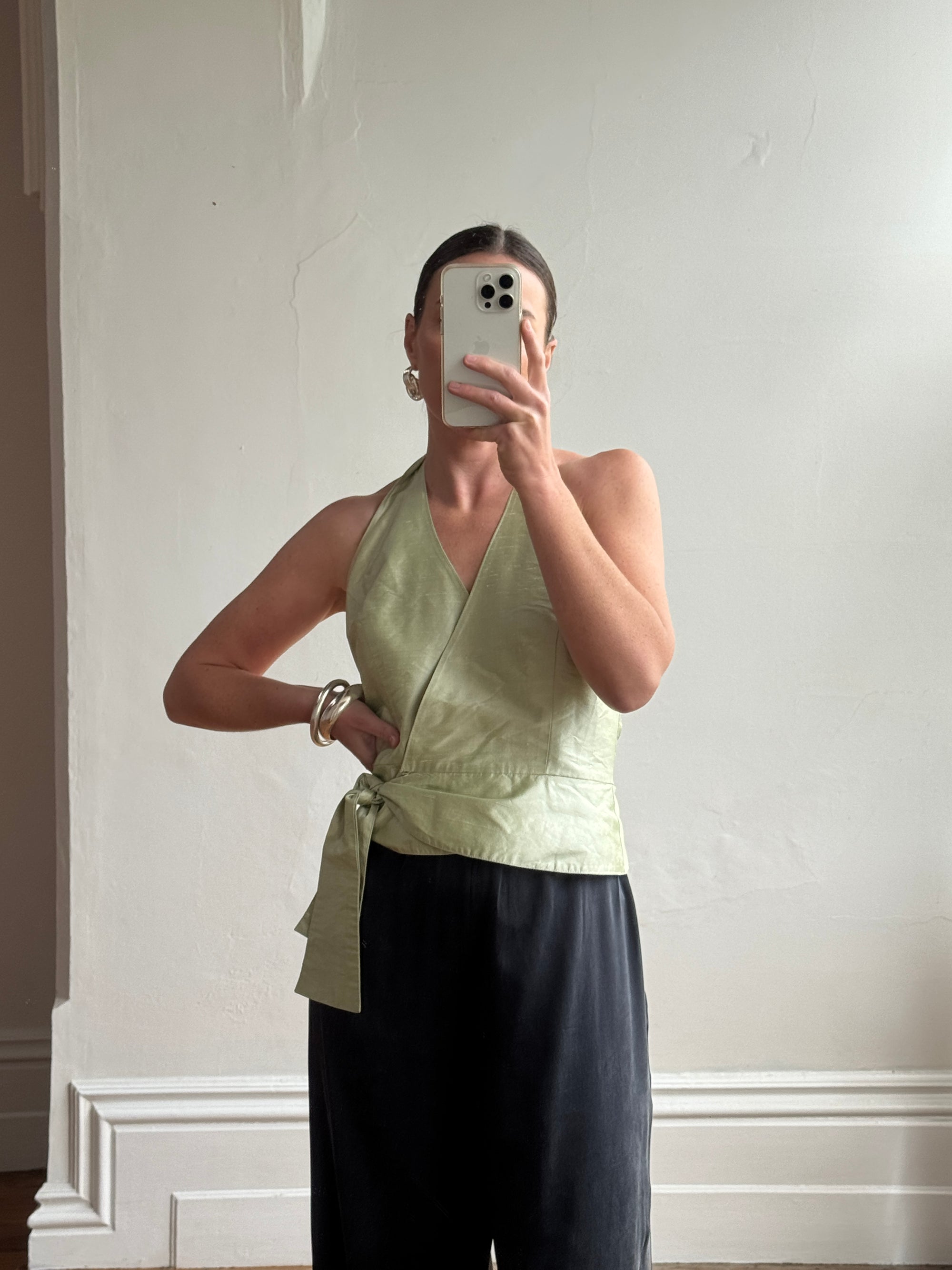 Vintage 90s Pure Silk Sleeveless Wrap Top Apple