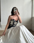Vintage 90s Navy and Creme Satin Floral Gown