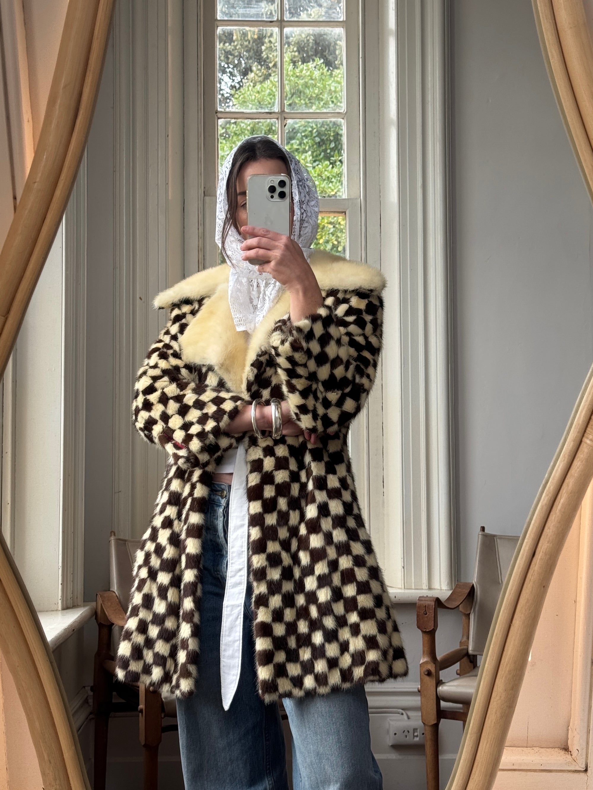 Vintage Rare 70s Mink Fur Checkerboard Coat