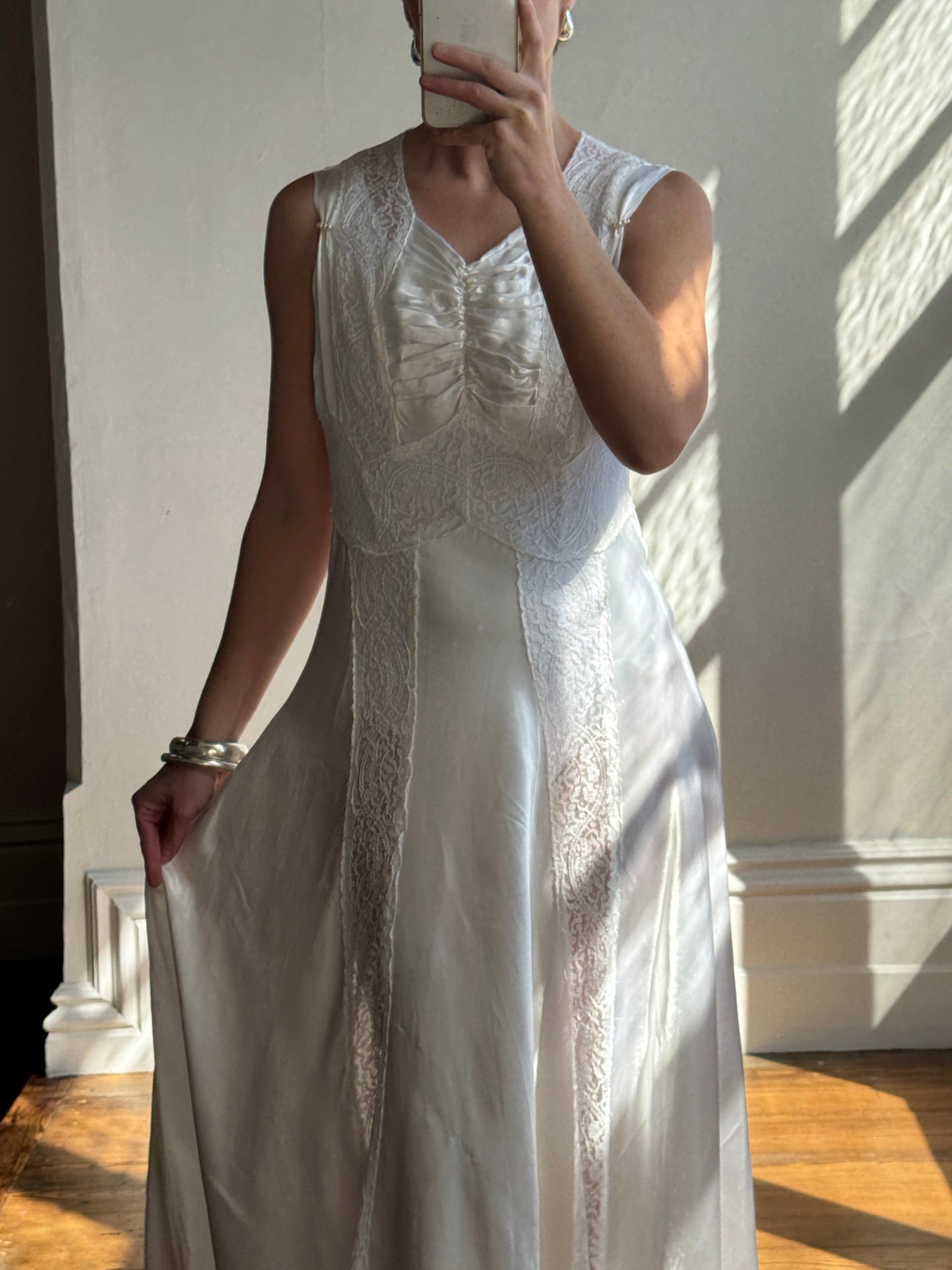 Vintage 40s Liquid Satin Sleeveless Lace Wedding Gown