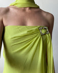Vintage Y2K Chartreuse Strapless Pure Silk Brooch Dress