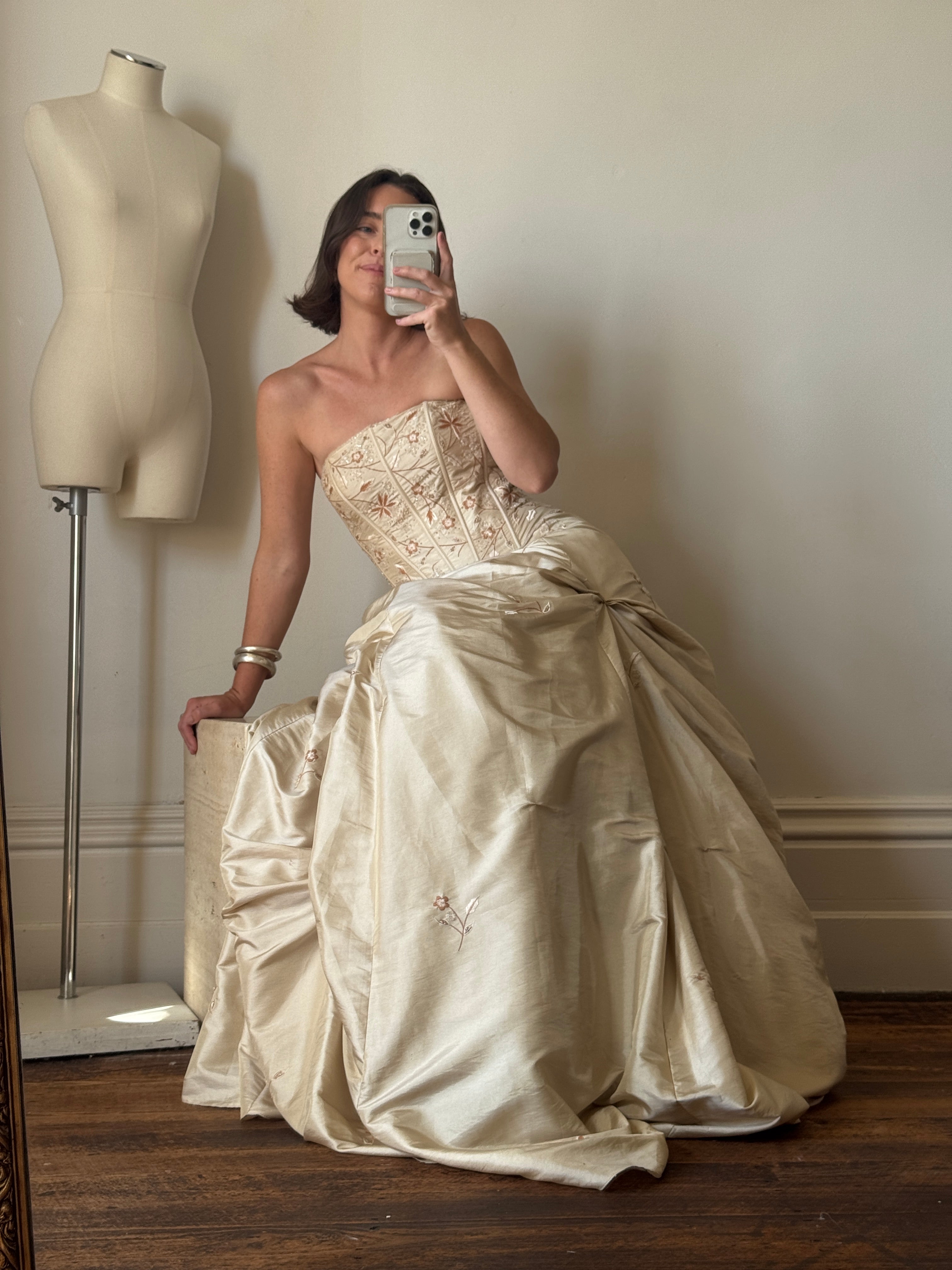 Vintage 90s Golden Embroidered Princess Strapless Gown