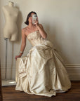 Vintage 90s Golden Embroidered Princess Strapless Gown