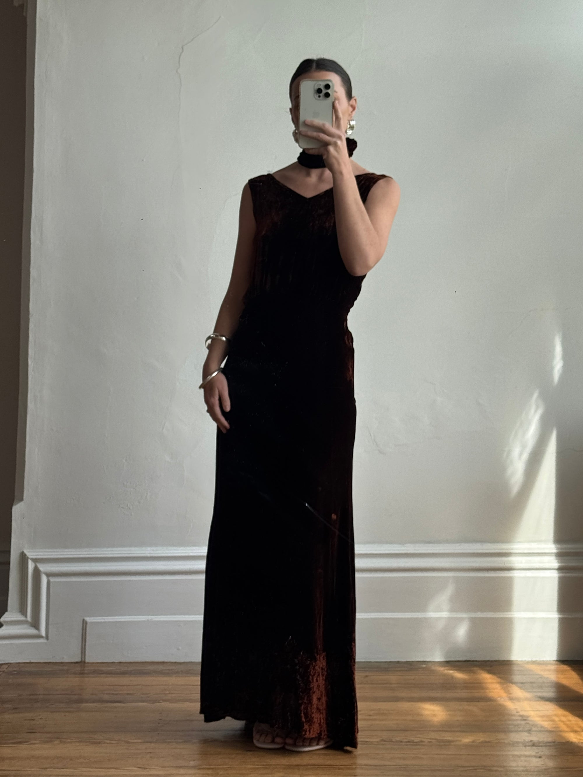 Vintage 30s Brown Velvet Bias Cut Dress With Rosette tie