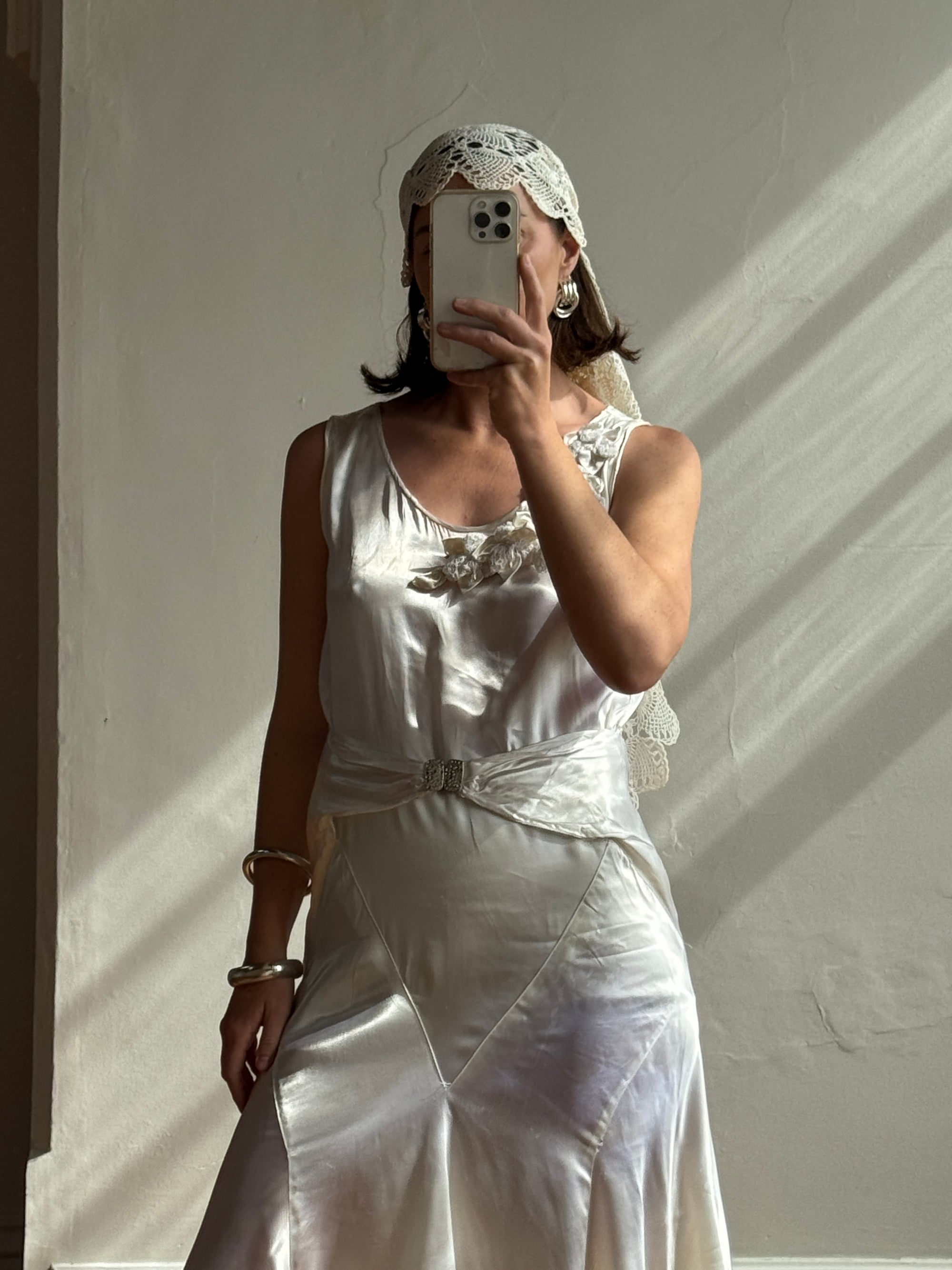 Vintage 30s Satin Bias Belted Bridal Midi