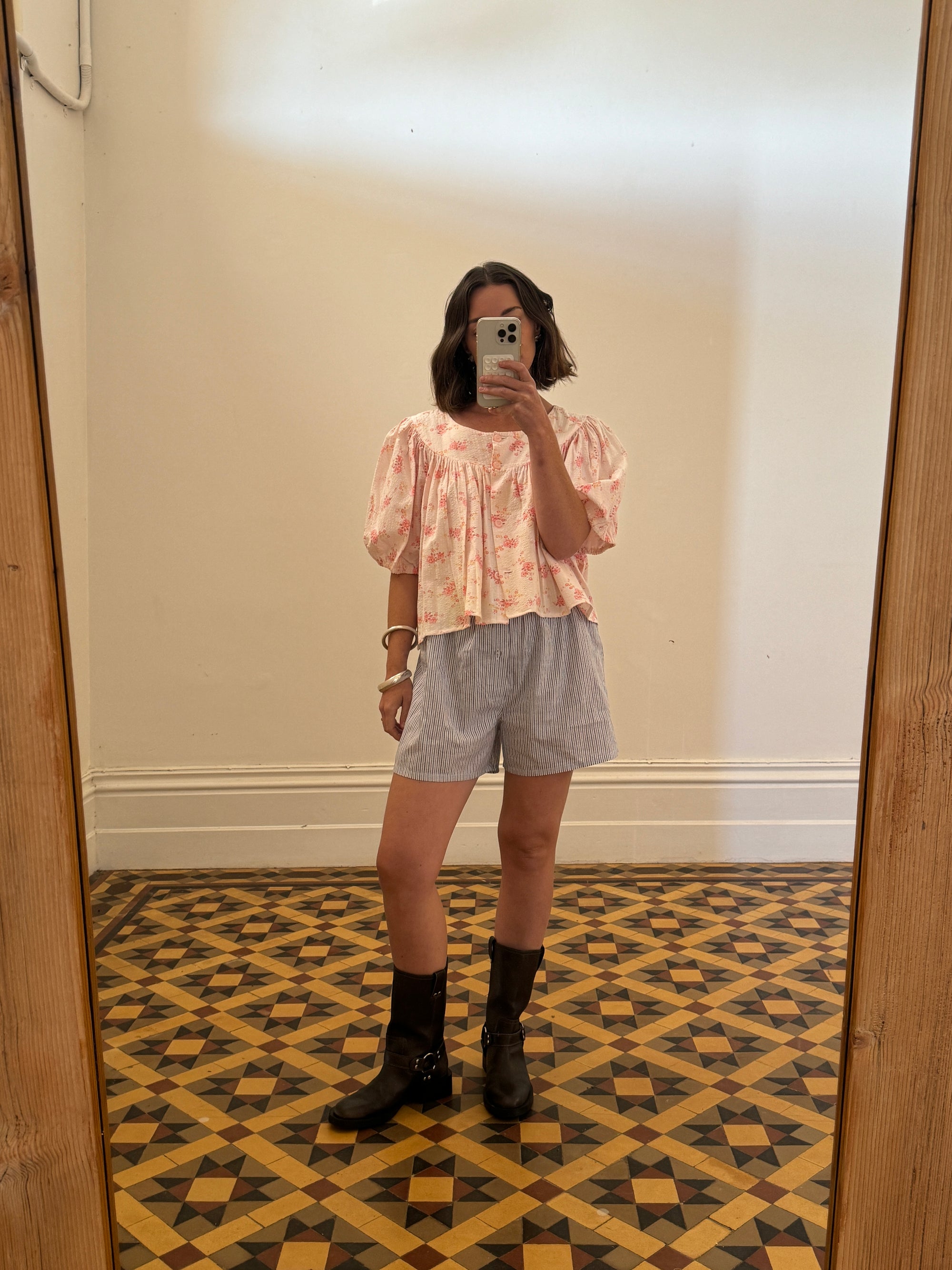 Vintage Puff Sleeve Floral Button Up Blouse Pink