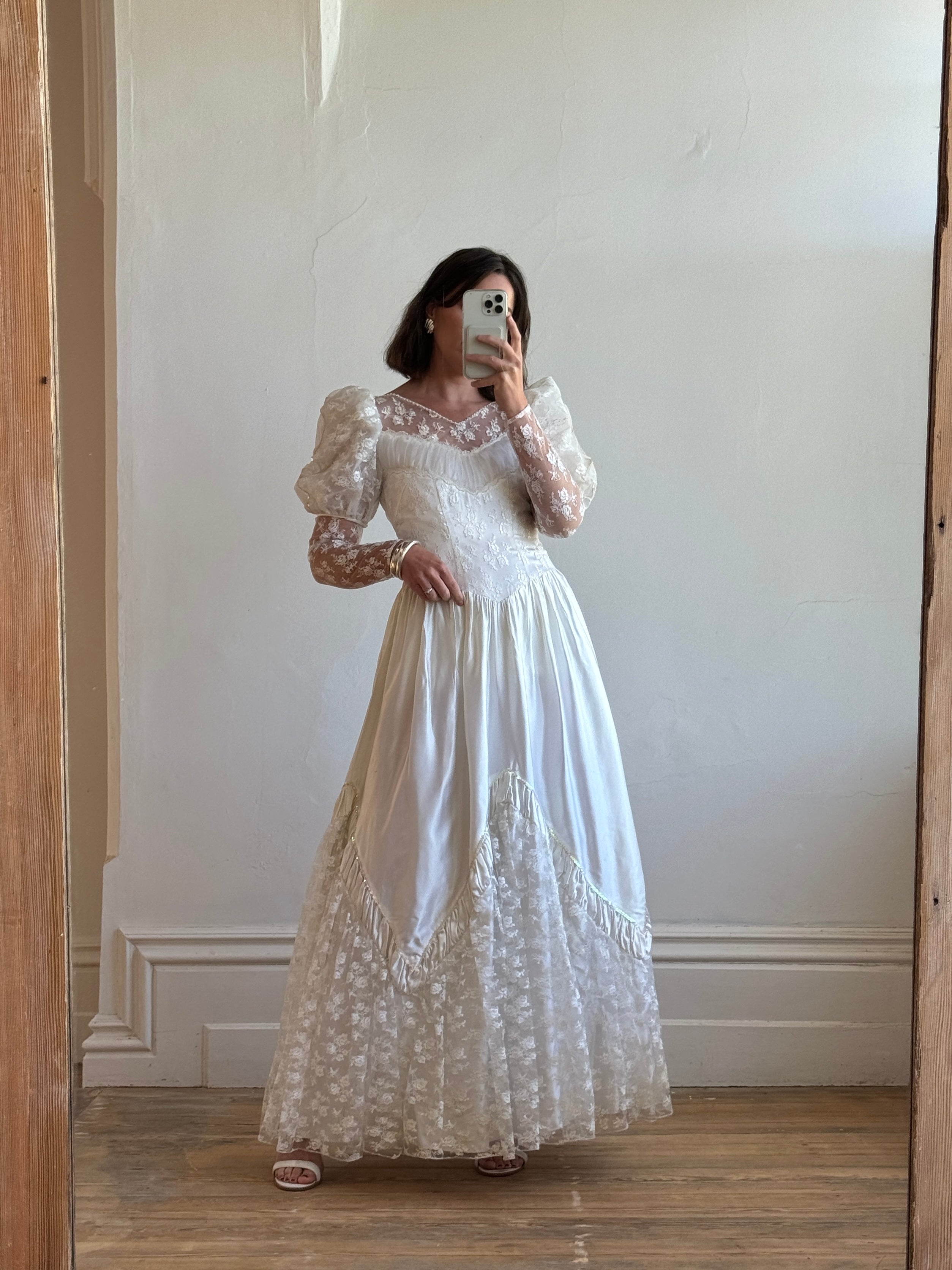 Vintage 80s Lace Satin Sequin Panelled Wedding Gown