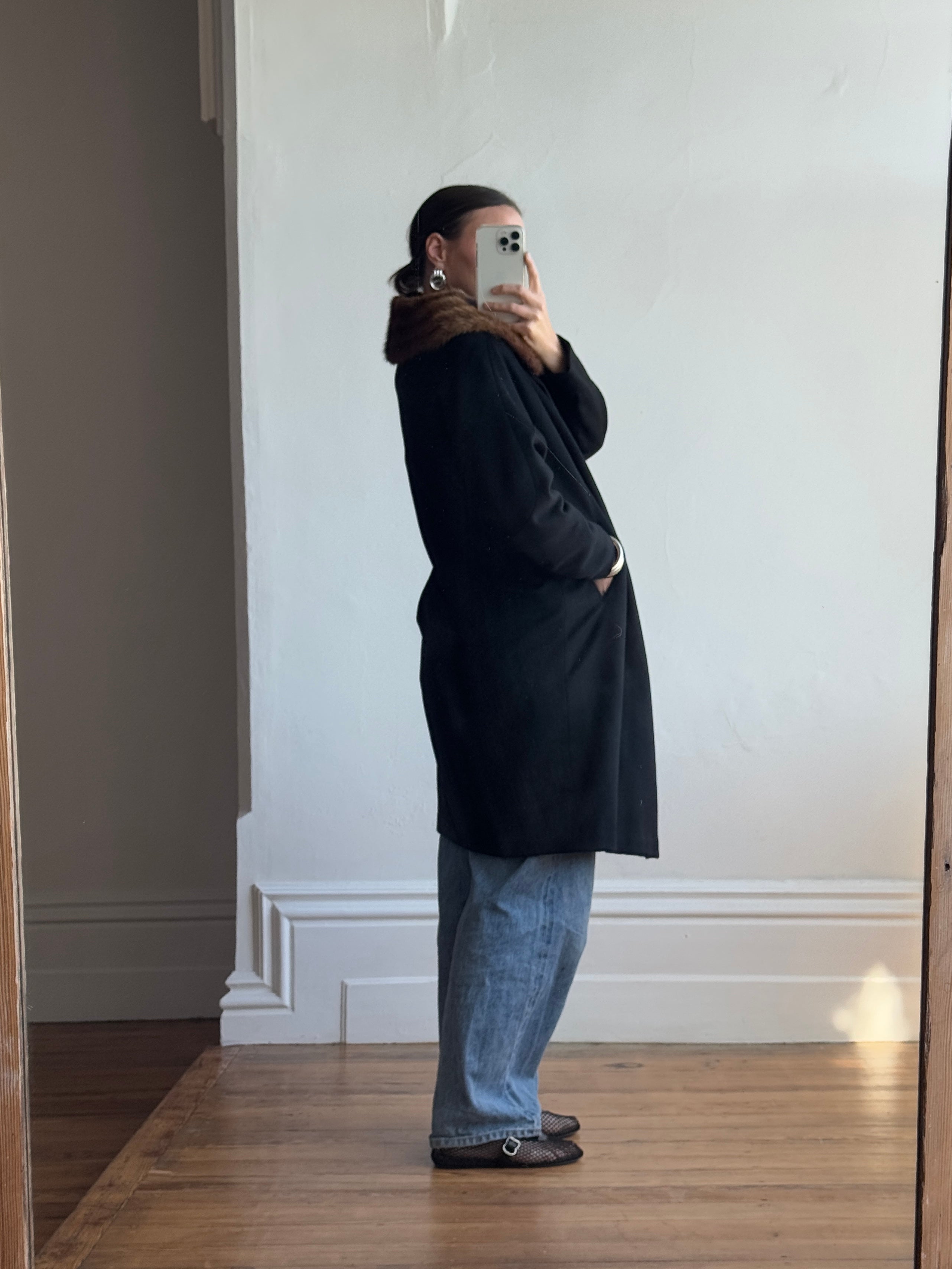 Vintage 60s Noir Pure Wool Mid Length Overcoat with Fur Collar