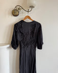 Vintage 30s Black Satin Backless ZigZag Fishtail Dress