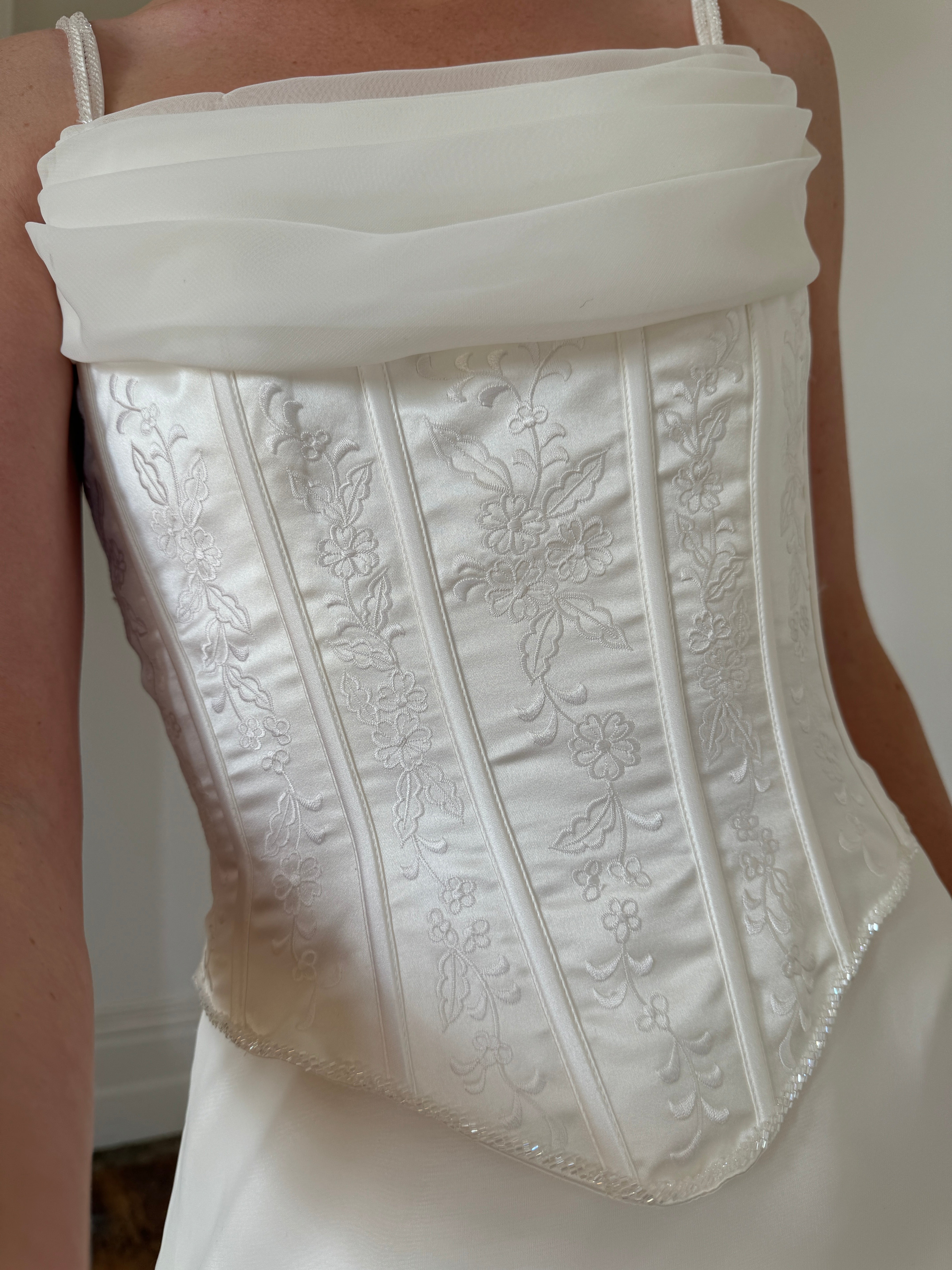 Vintage 90s Cowl Neck Jacquard Bodice Satin Wedding Dress