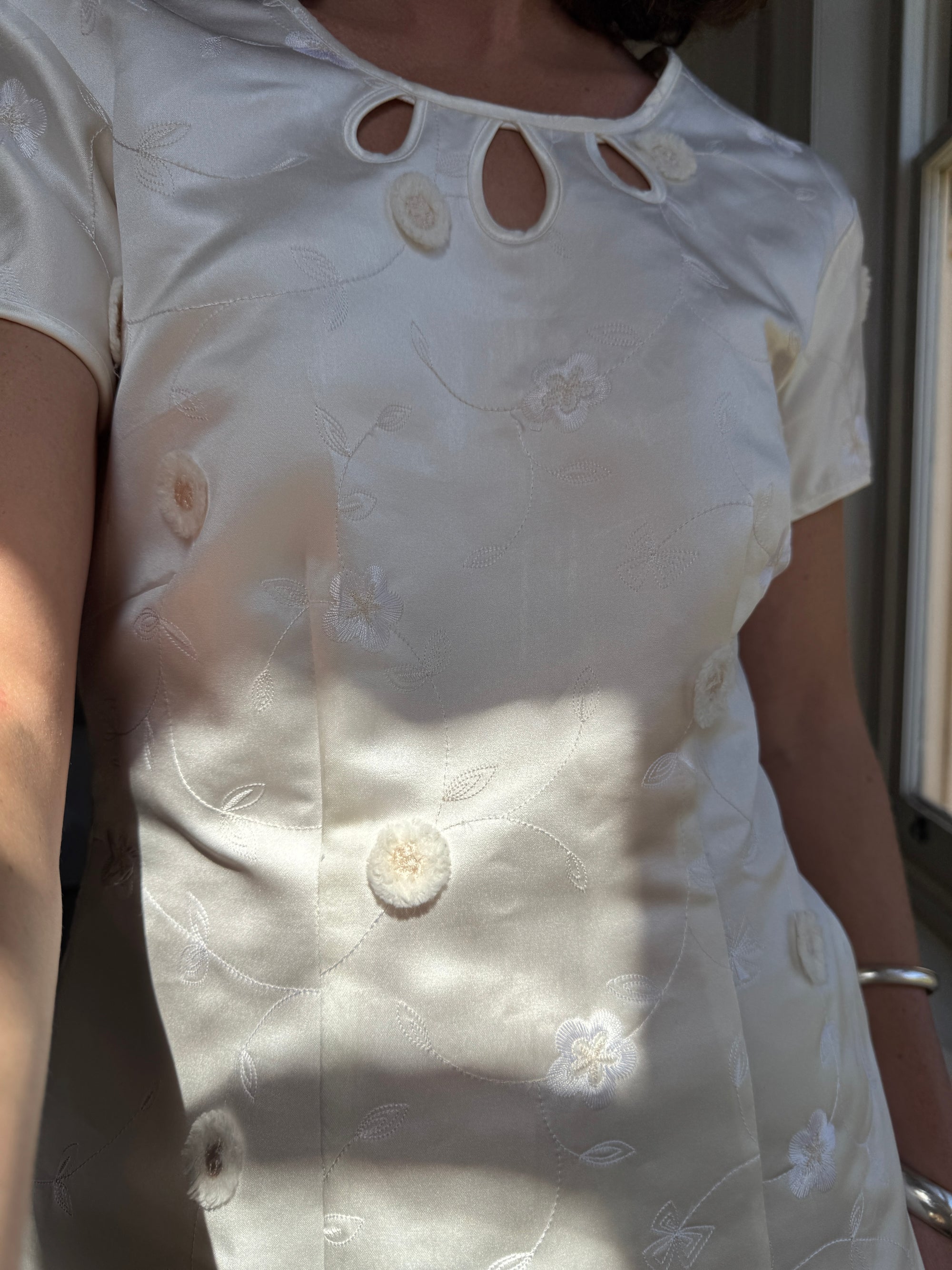 Vintage Ivory Satin Keyhole Embroidered Bridal Mini Dress