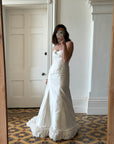 Vintage Y2K Strapless Satin Wedding Gown with Ruffled Train