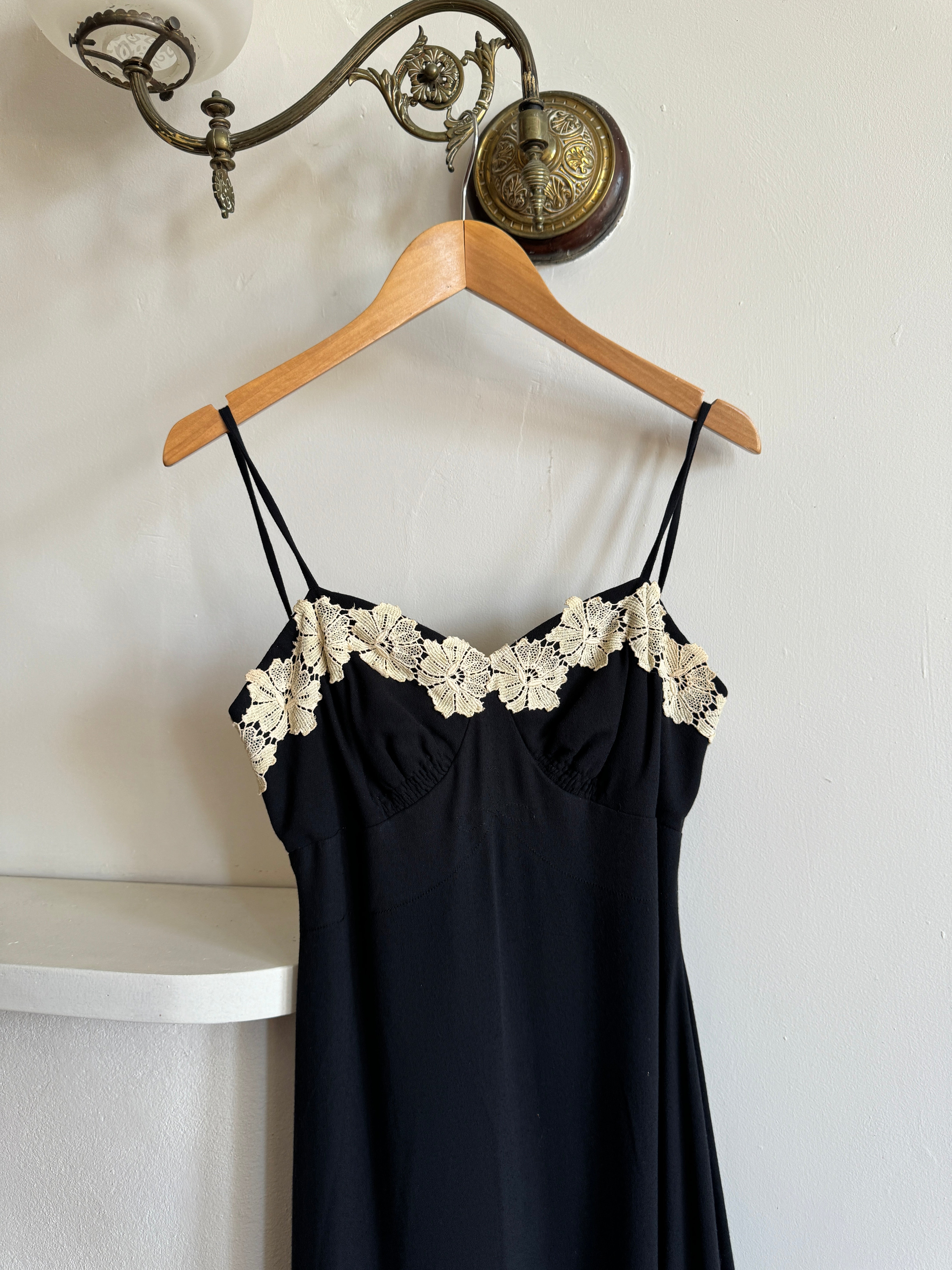 Vintage Black Crepe Midi Dress with Cream Floral Applique