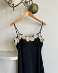 Vintage Black Crepe Midi Dress with Cream Floral Applique