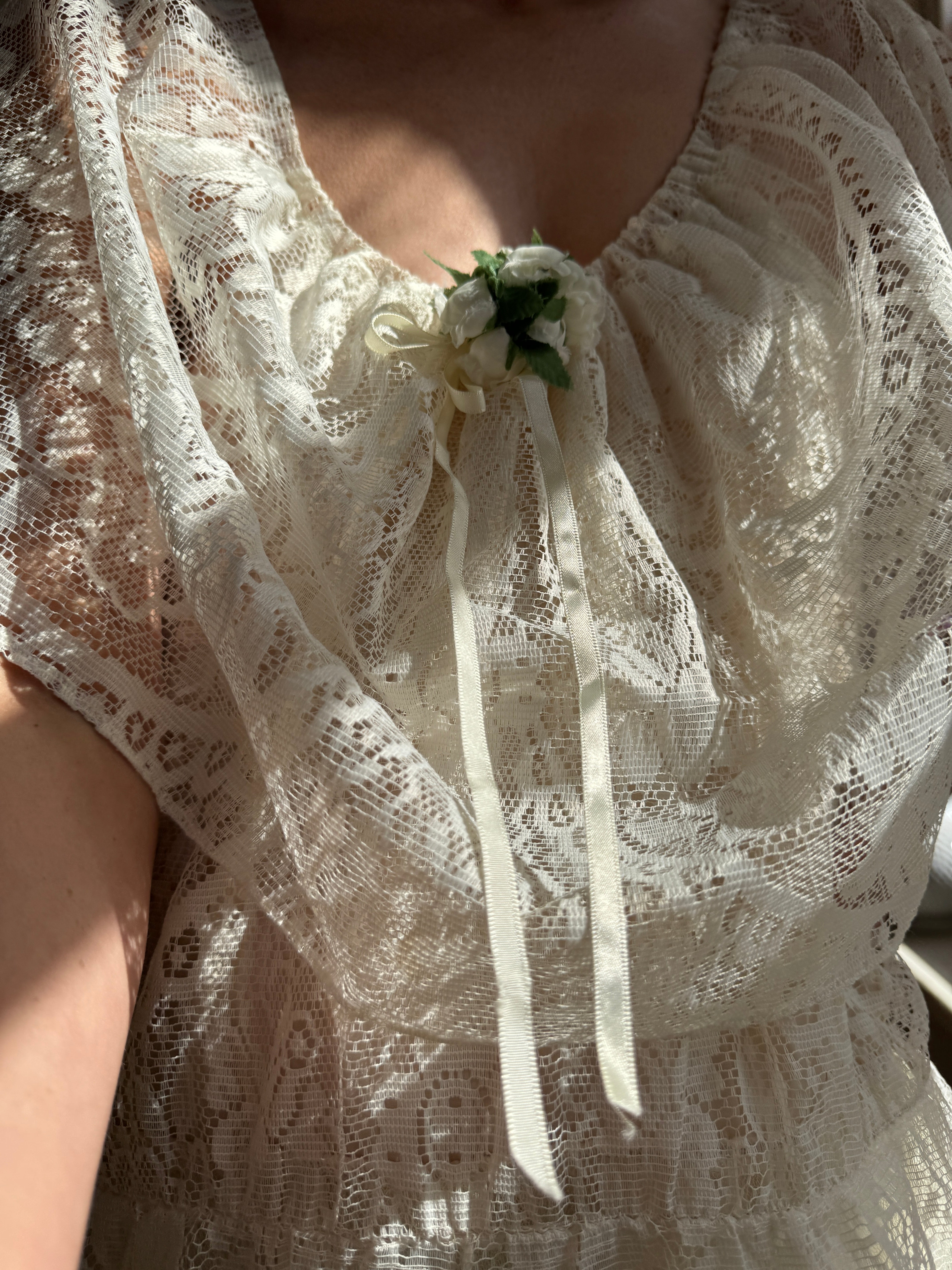 Vintage Lace Frilled Maxi Dress with Rose Applique