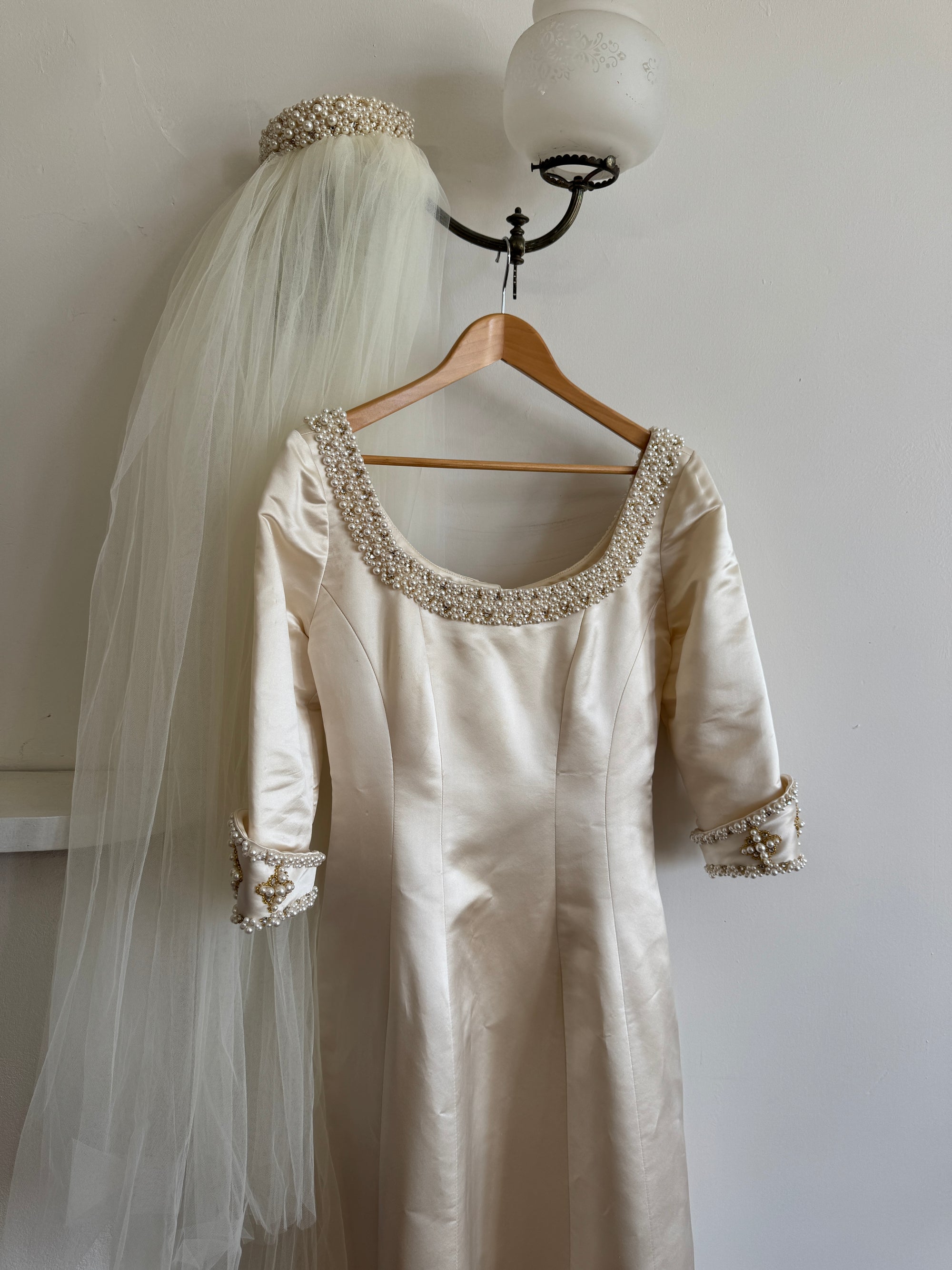 Vintage 90s Pure Silk Satin Baroque Scoop Neck Wedding Gown and Veil