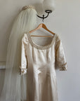 Vintage 90s Pure Silk Satin Baroque Scoop Neck Wedding Gown and Veil