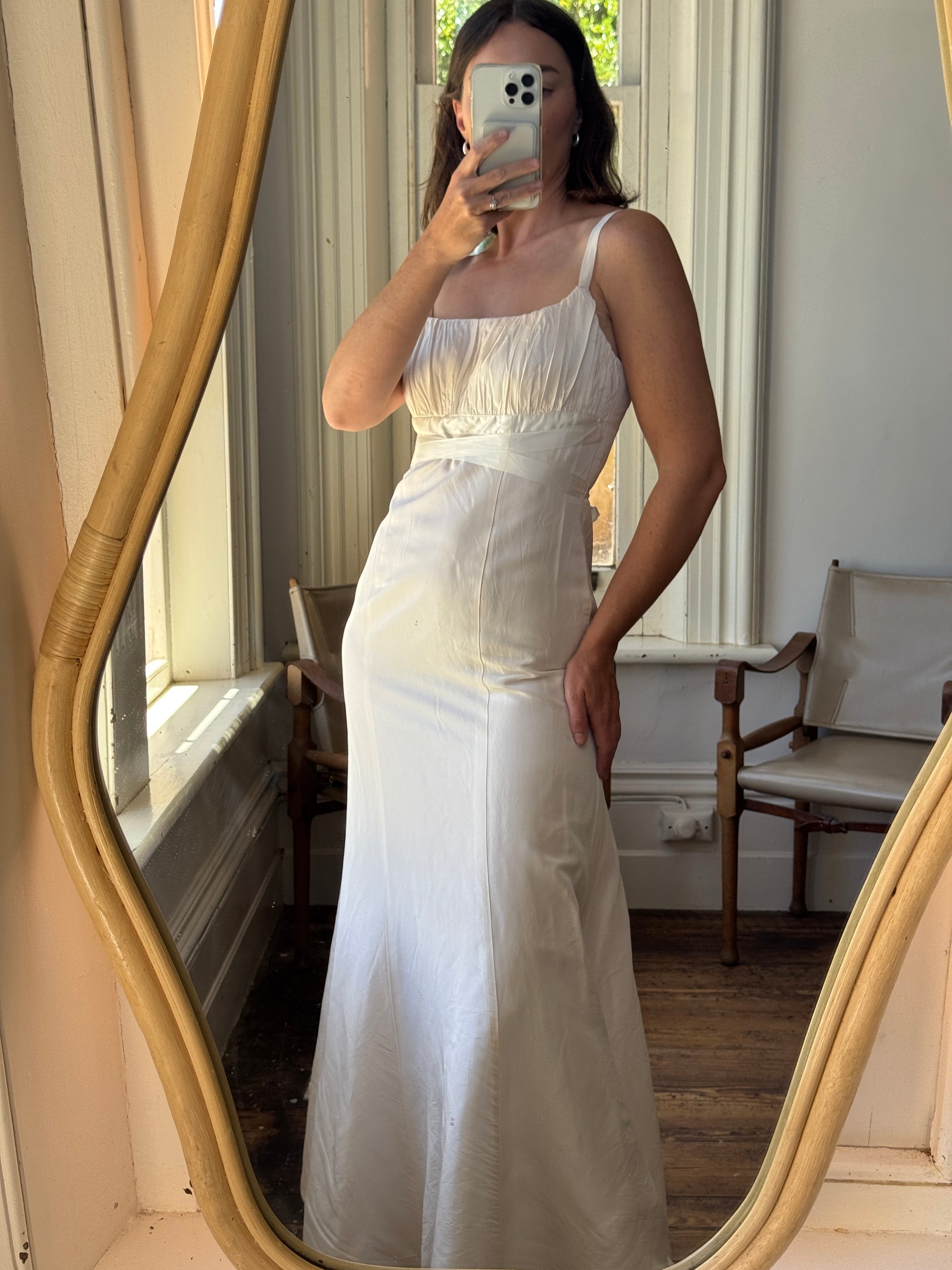 Vintage 90s Ivory Gathered Strappy Gown With Ribbon