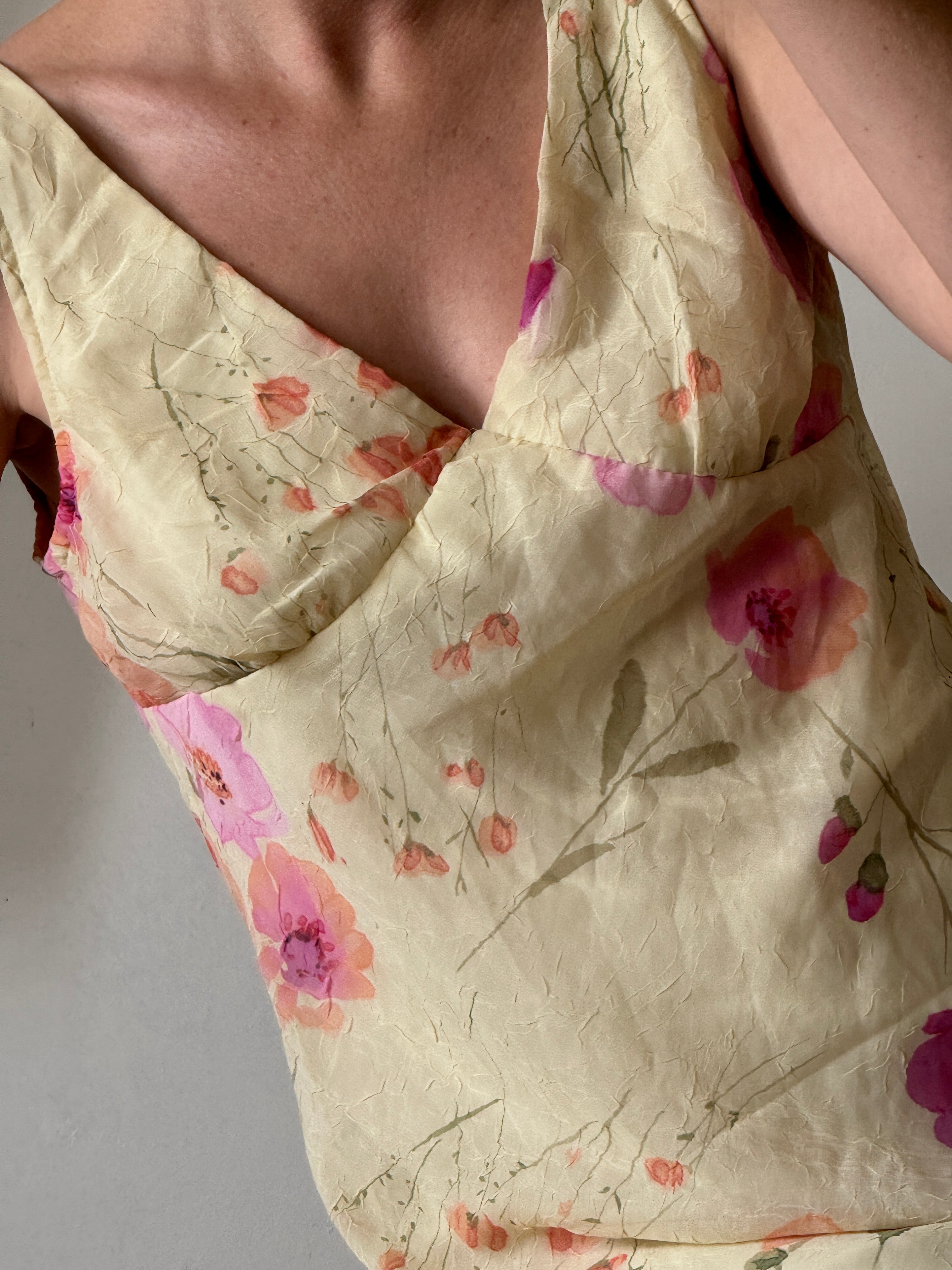 Vintage 90s Butter Yellow Floral Crinkle Sundress