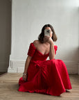 Vintage Pure Silk Red Off Shoulder Midi Dress