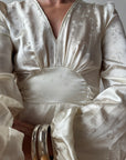Vintage 70s Floral Satin Jacquard Wedding Dress Creme