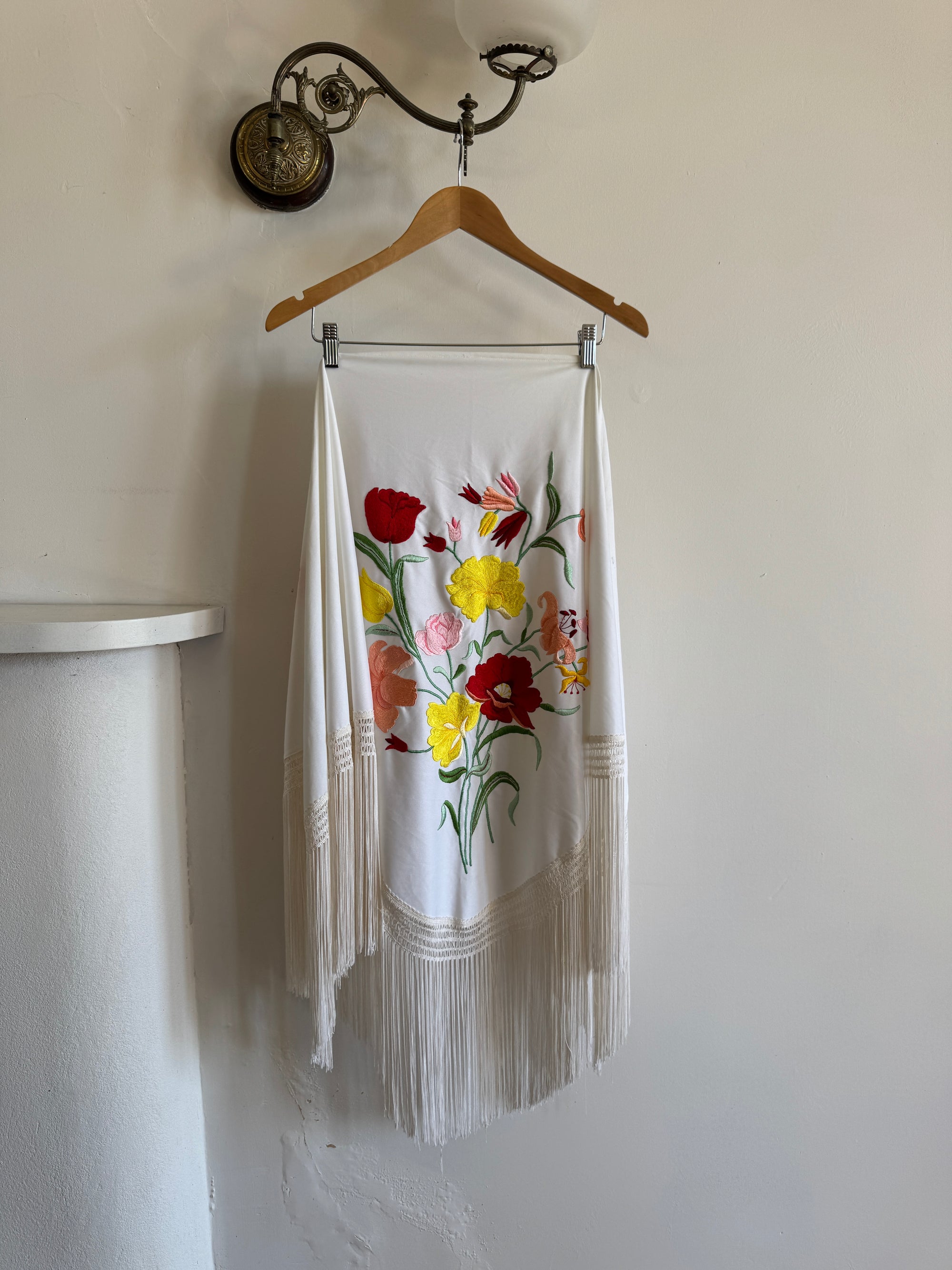Vintage Embroidered Large Spanish Flamenco Scarf White