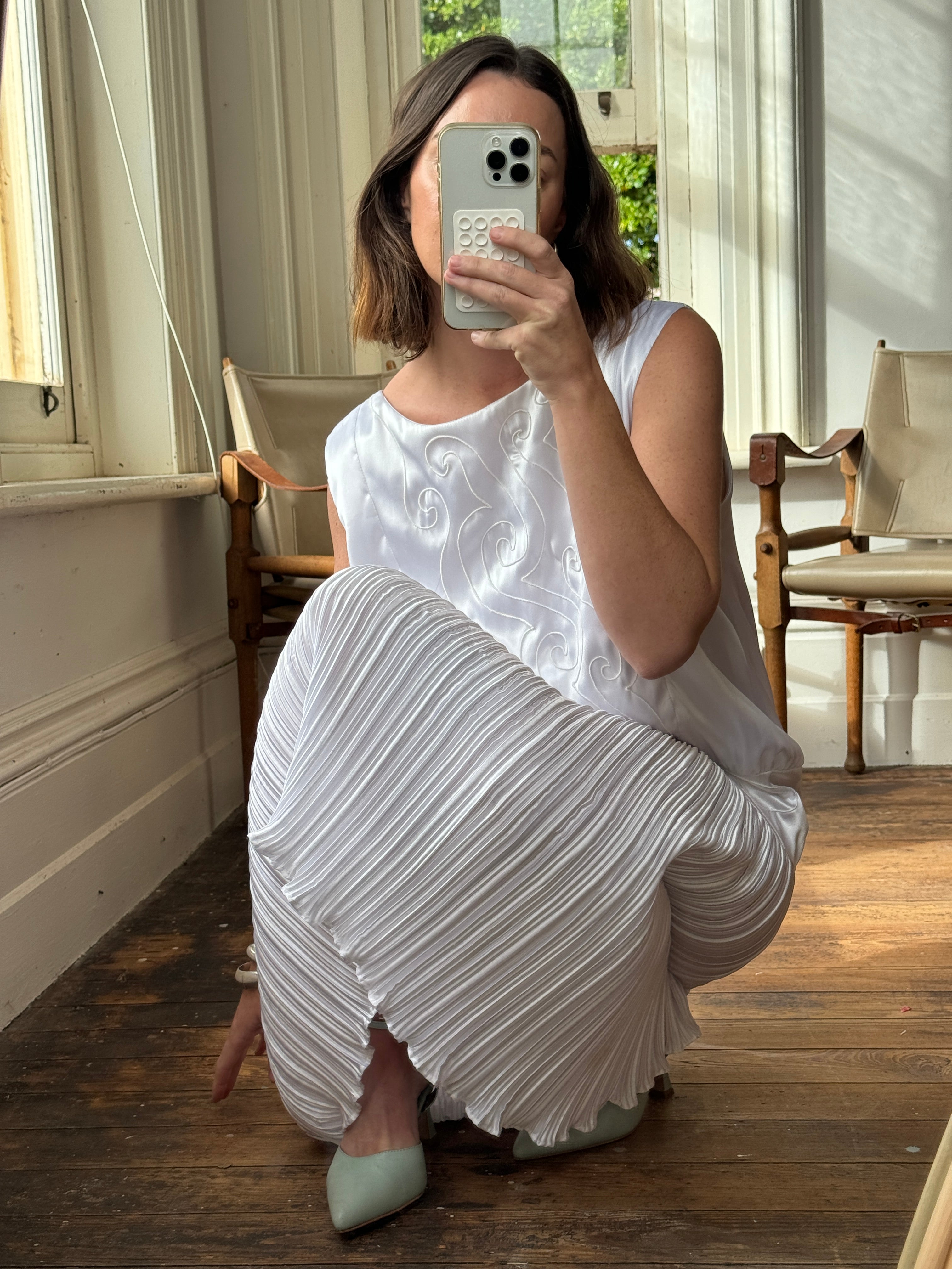 Vintage Embroidered White Satin Drop Waist Dress