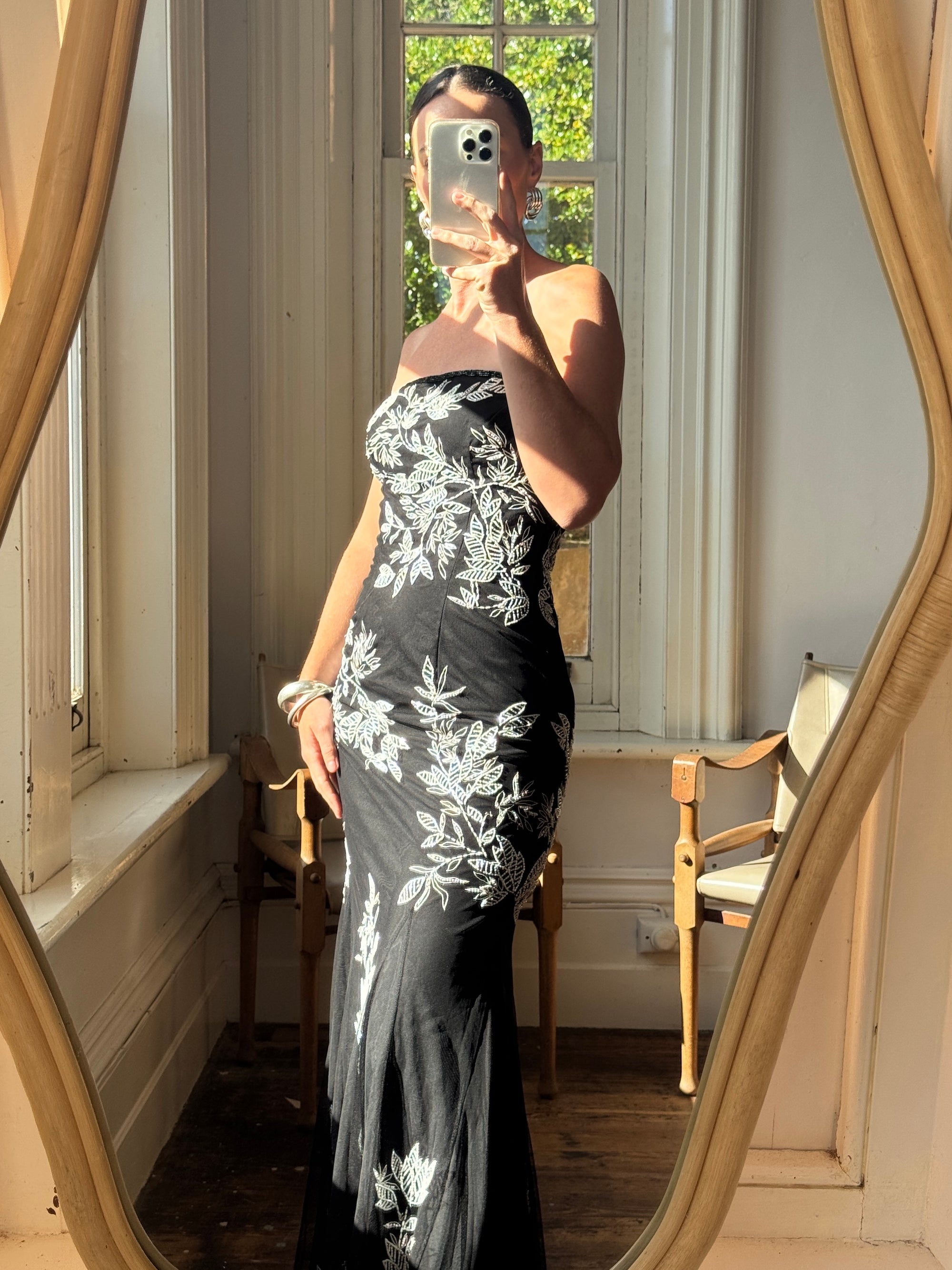 Vintage 90s Embroidered Net Strapless Dress Noir and White