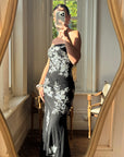 Vintage 90s Embroidered Net Strapless Dress Noir and White