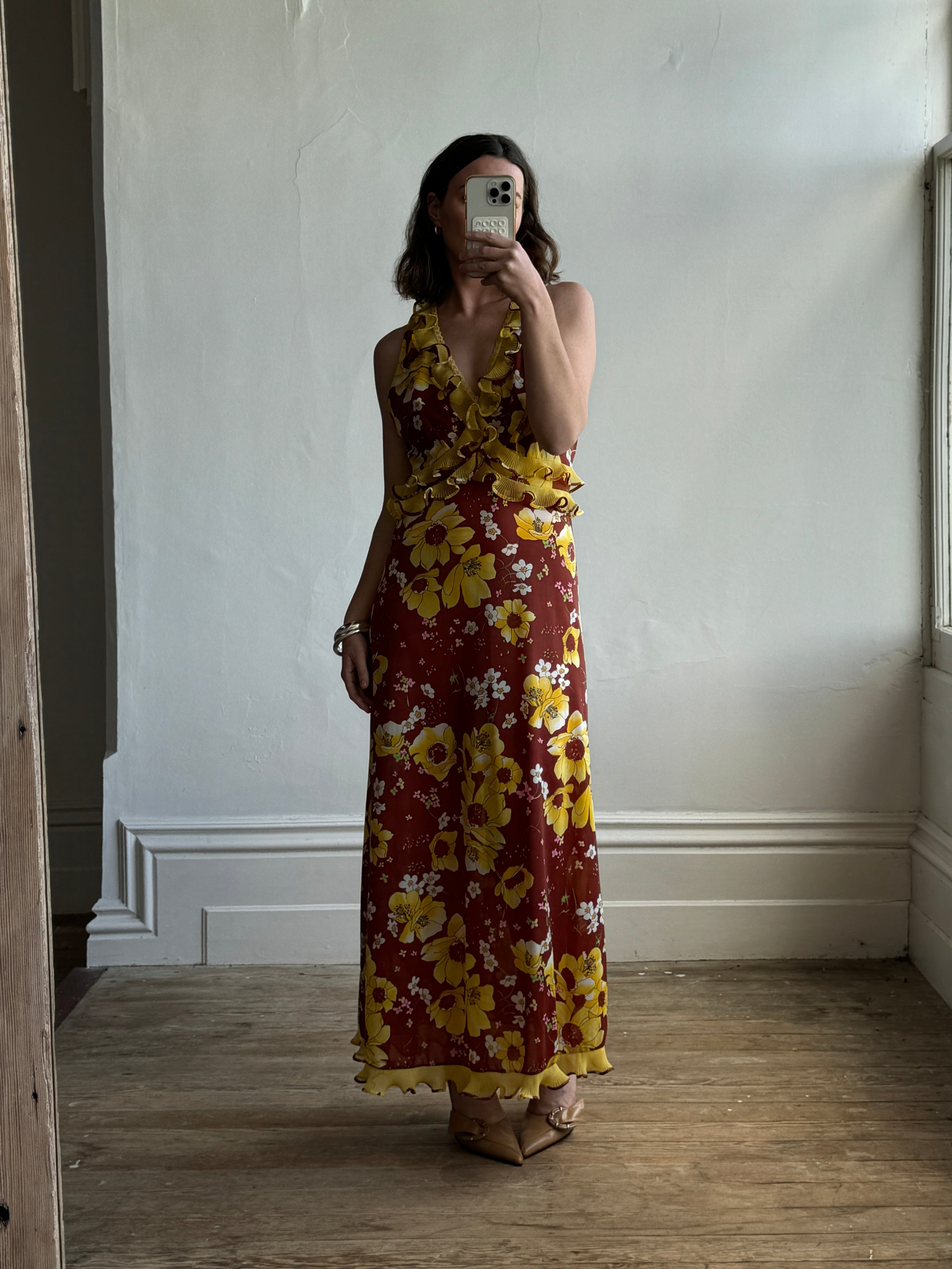 Vintage Italian Floral Ruffle Maxi Dress