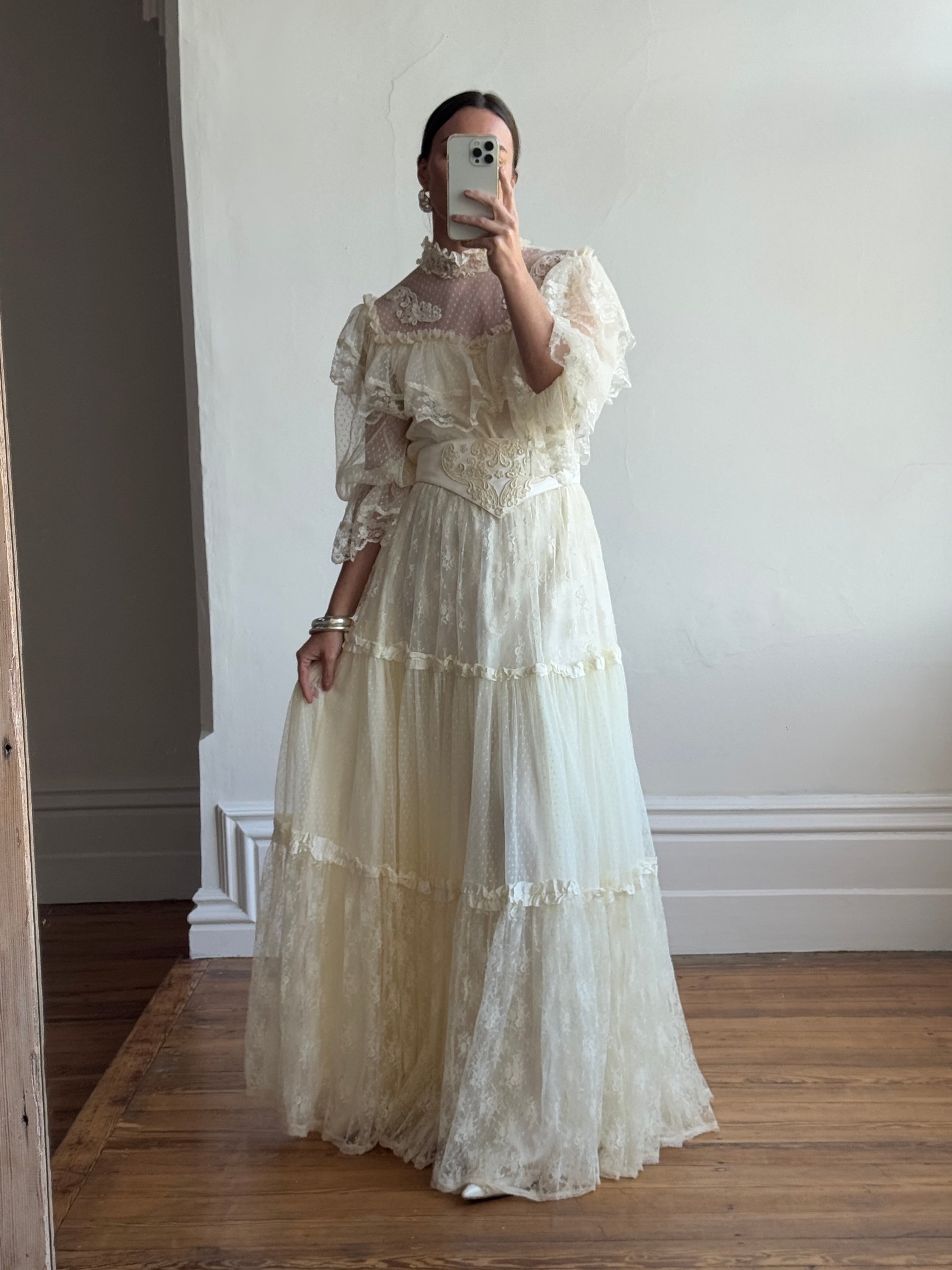 Vintage 70s Prairie Lace Wedding Gown with Beaded Basque Waist Belt