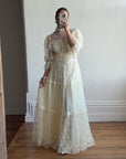 Vintage 70s Prairie Lace Wedding Gown with Beaded Basque Waist Belt