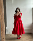Vintage Pure Silk Red Off Shoulder Midi Dress