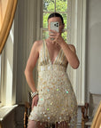 Vintage Y2K Pure Silk Sequin Tassel Disco Dress