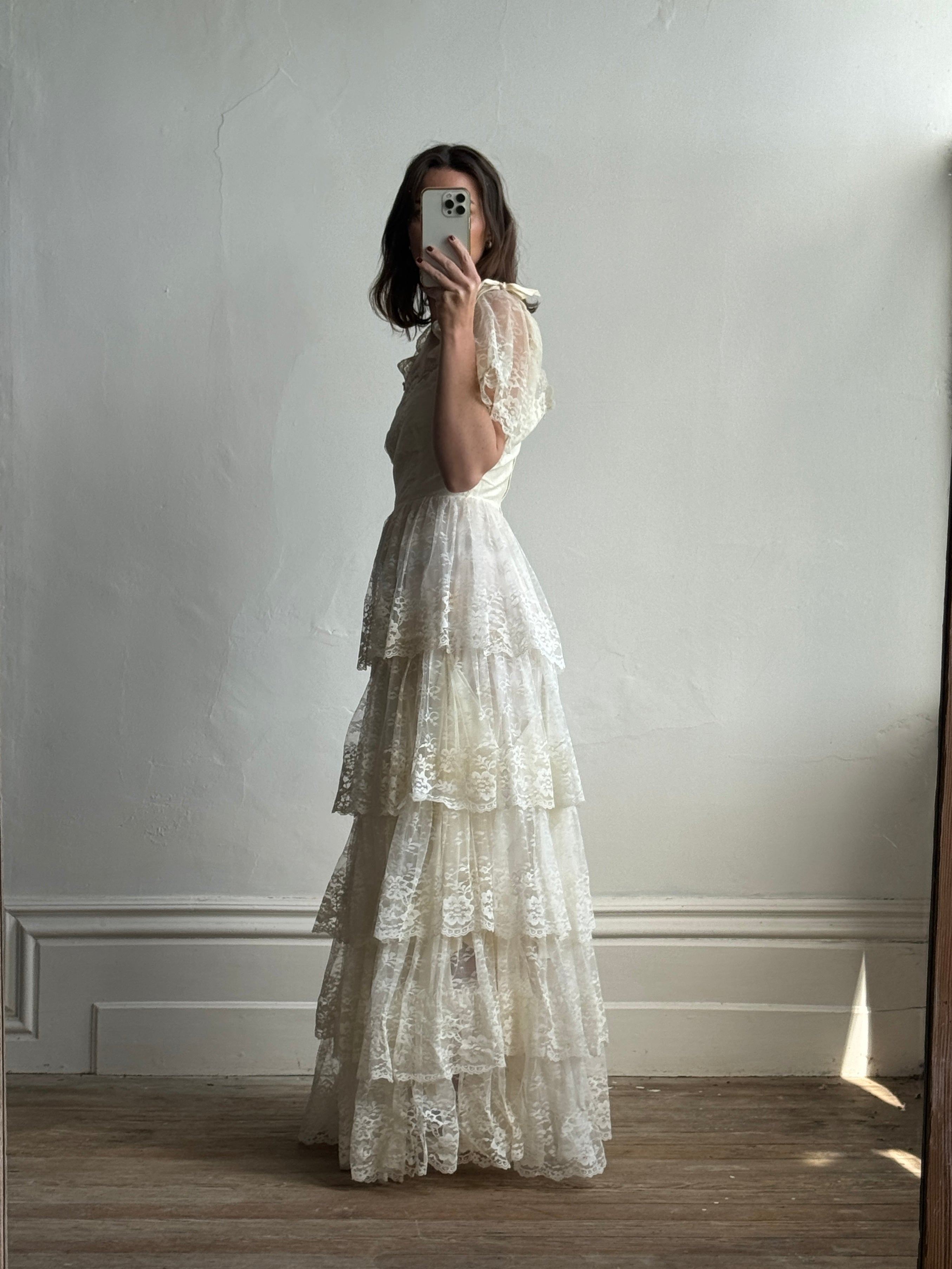 Vintage 70s Tiered Lace Wedding Dress With Bows