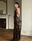 Vintage 90s Pure Silk Beaded Lace Up Dress Chocolate
