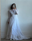 Vintage 80s Prarie Long Sleeved Wedding Dress with Floral Embroidery