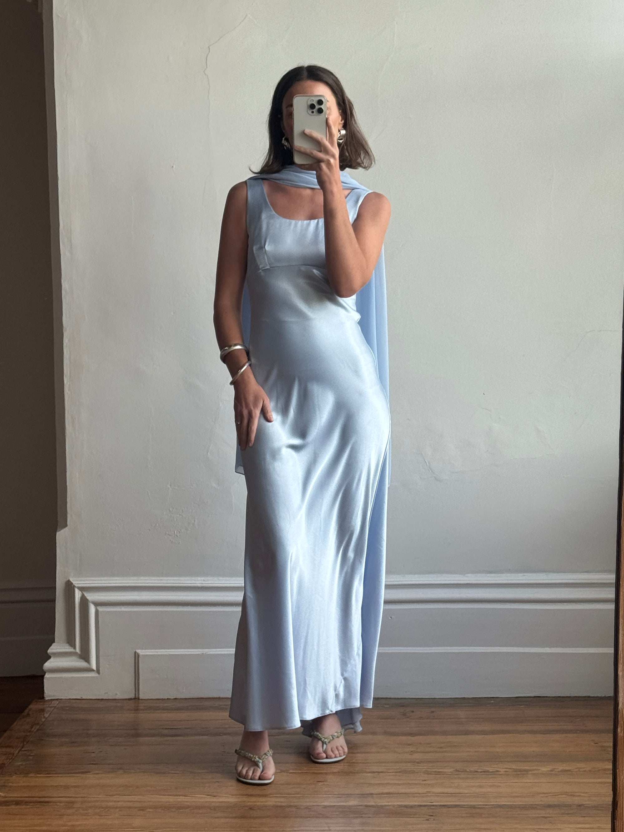 Vintage 90s Australian Made Satin Prom Dress with Scarf Ice Blue