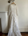Vintage 50s Flocked Velvet Jacquard Wedding Gown with Bow Train