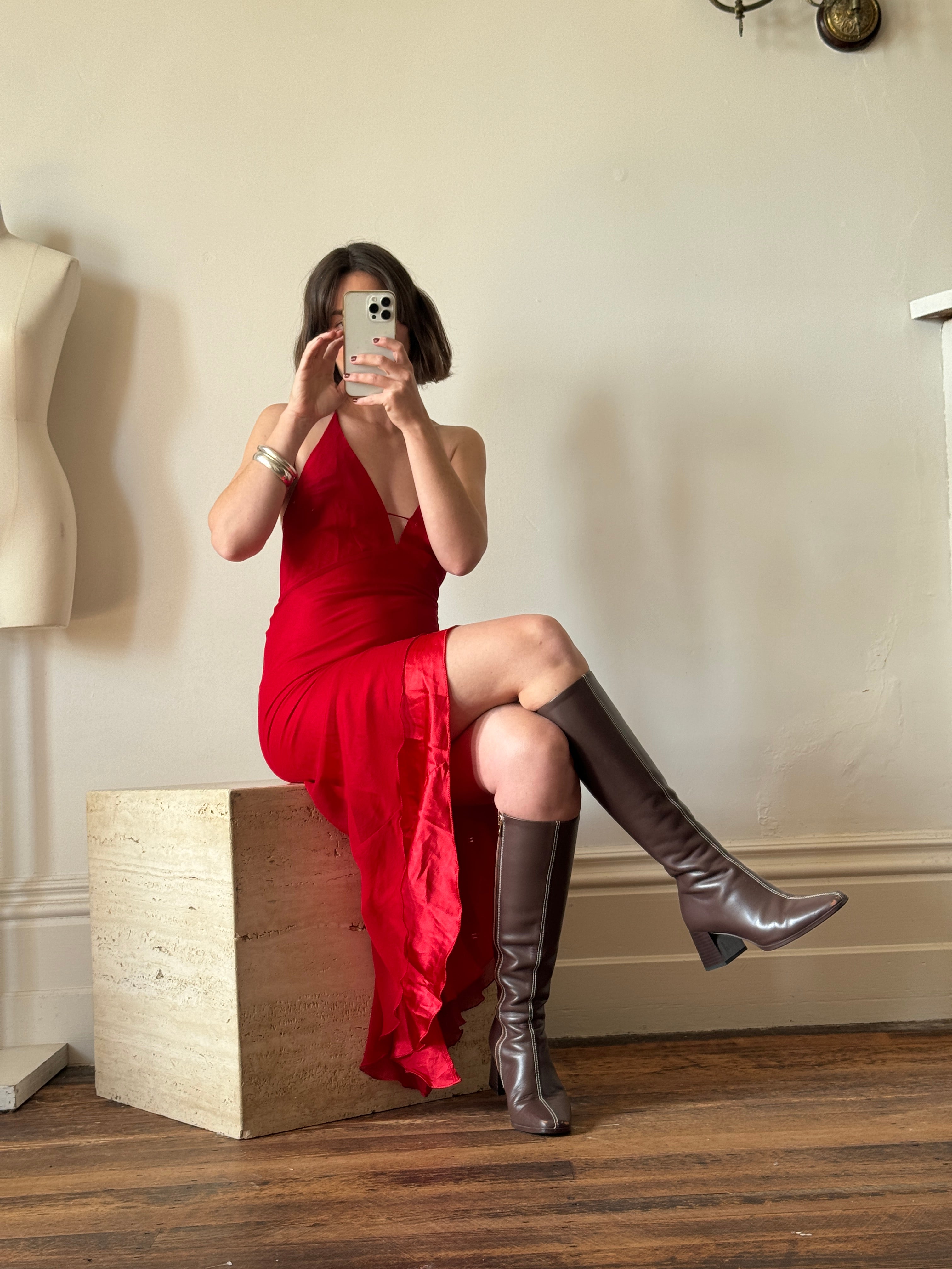 Vintage 90s Pure Silk High Low Halter Bias Dress Red