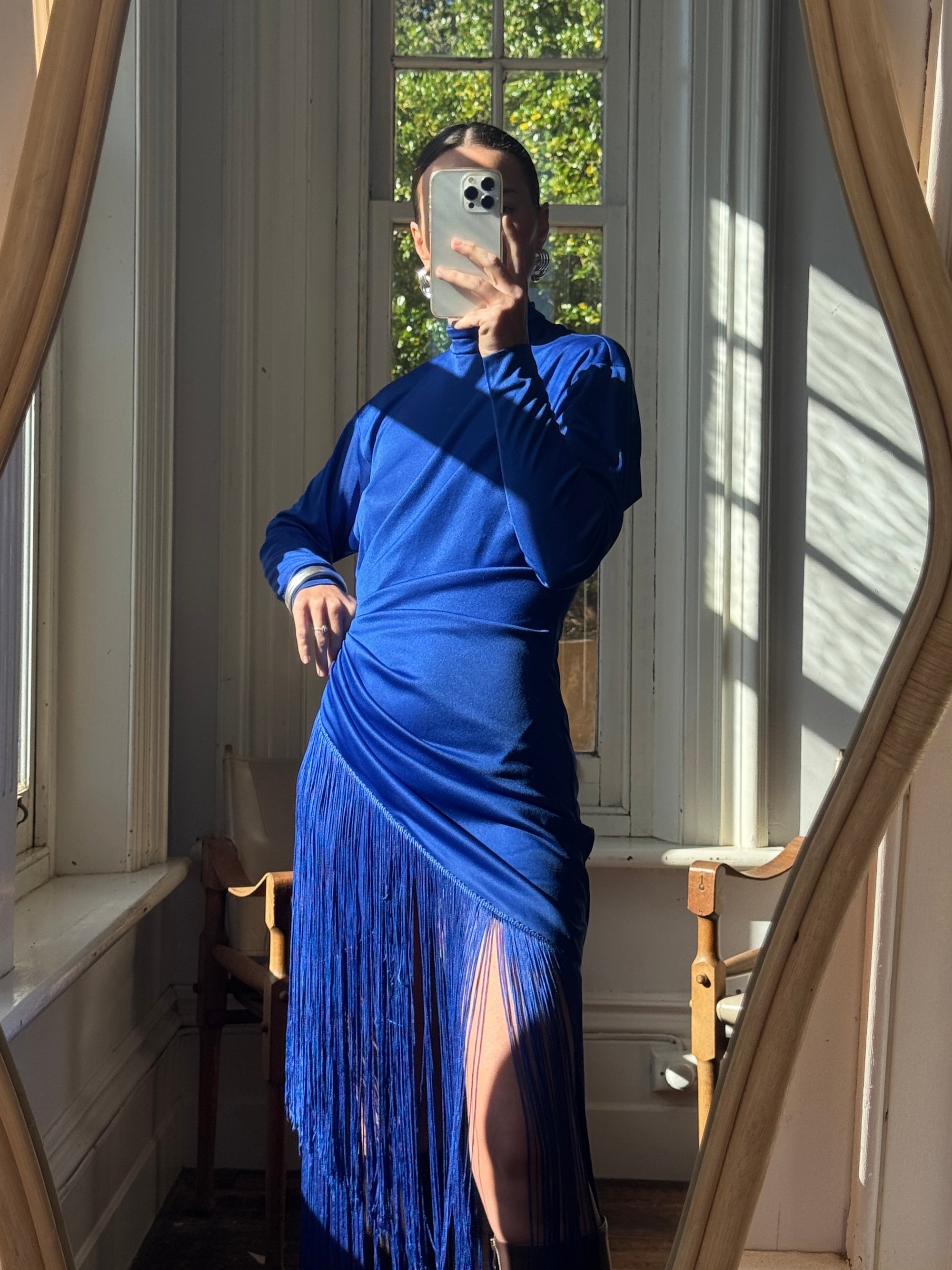 Vintage 80s Royal Blue Long Sleeve Fringe Dress