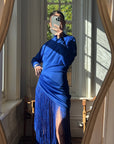 Vintage 80s Royal Blue Long Sleeve Fringe Dress