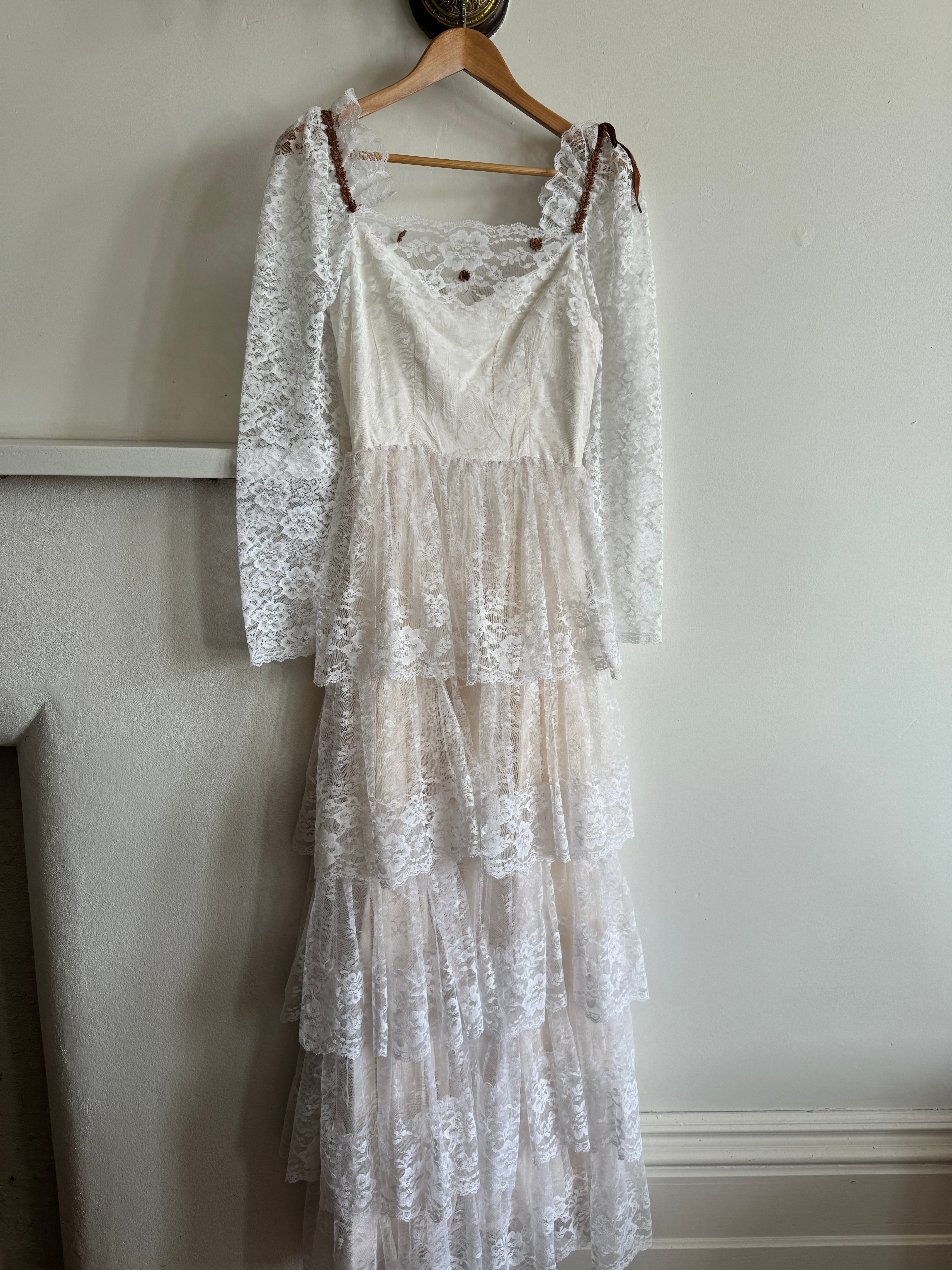 Vintage 70s Tiered Lace Wedding Dress with Brown Floral Embroidery