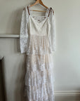 Vintage 70s Tiered Lace Wedding Dress with Brown Floral Embroidery